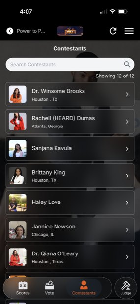 The public contestant list for a live pitch competition