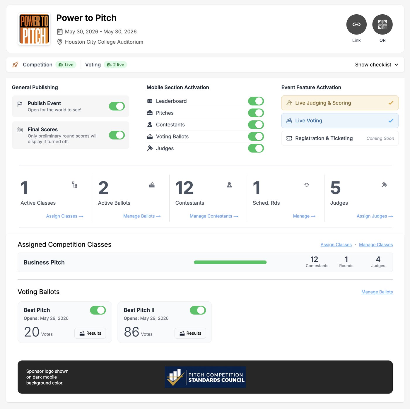 The organizer console for a live pitch competition