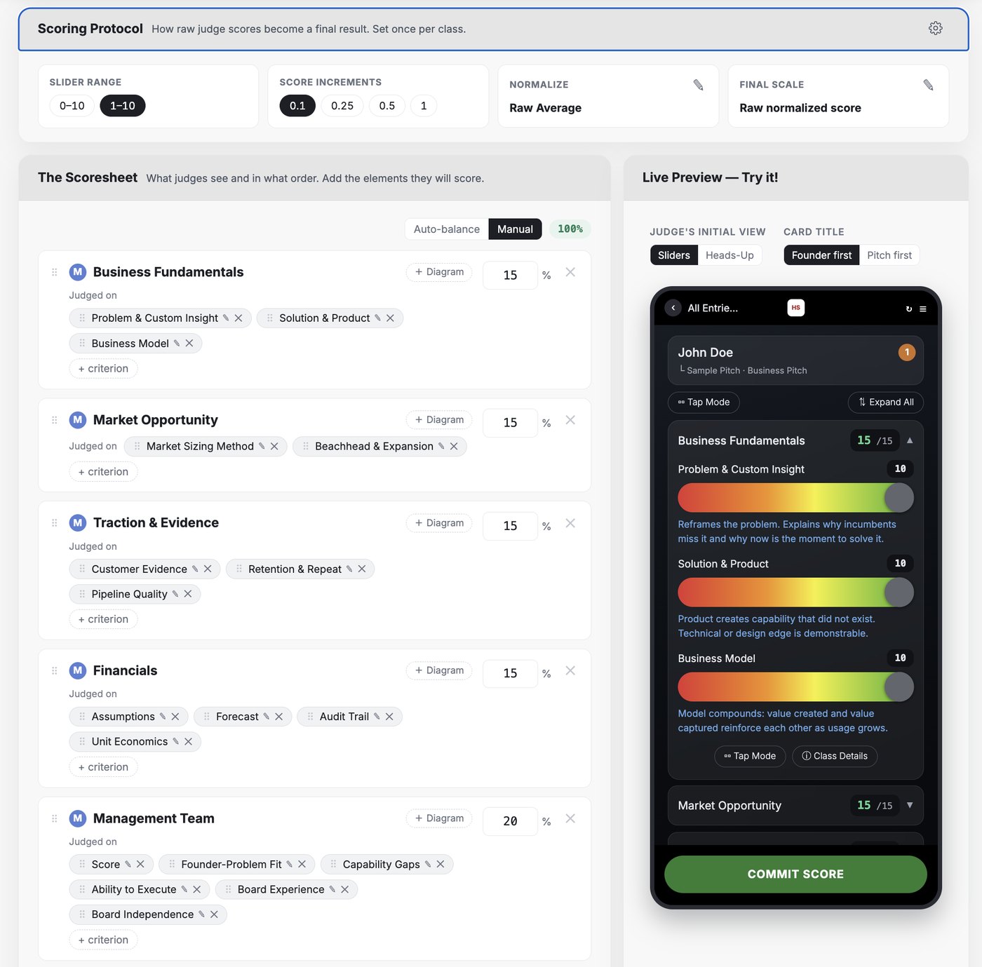 Building the scoresheet: weighted judged factors and their evaluation criteria